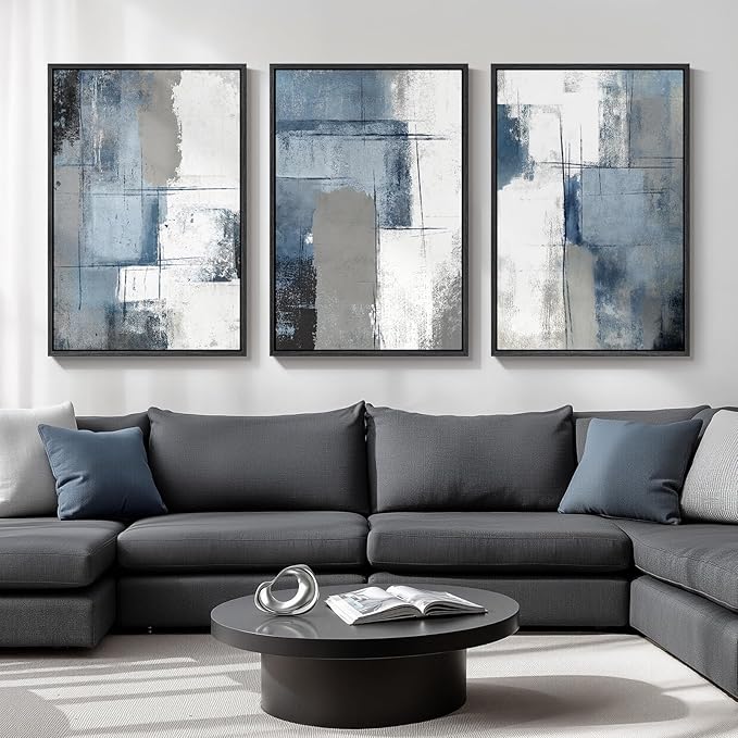 Large Framed Navy Blue and Grey Abstract Wall Art for Living Room, 3 Piece Modern Canvas Prints Paintings Artwork for Walls, Minimalist Abstract Pictures Wall Decor for Hallway Office Bedroom 24x36 In-Ruum Studio Home