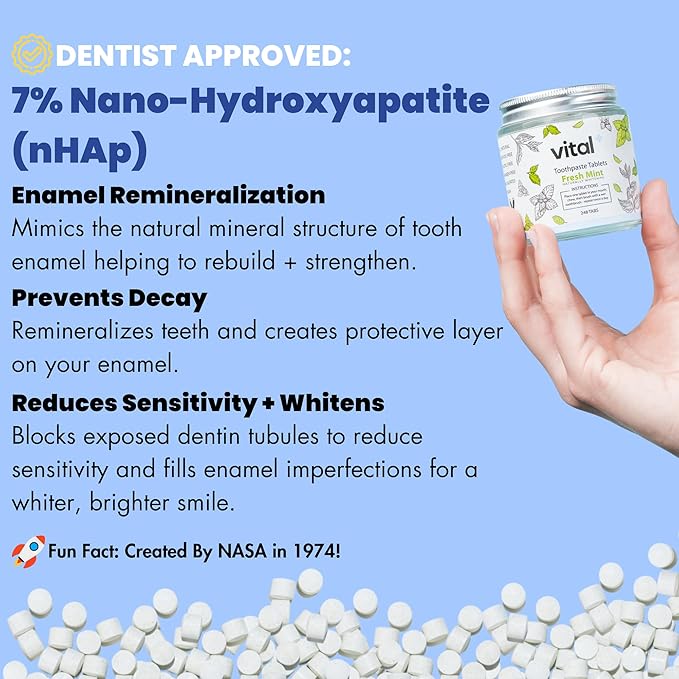Vital Toothpaste Tabs with 7% Nano-Hydroxyapatite | Naturally Whitens + Remineralizes Teeth | Fluoride & Plastic Free | Combats Sensitivity | Travel & Eco Friendly | Fresh Mint | 248 Tablets (4 Month)-Ruum Studio Home
