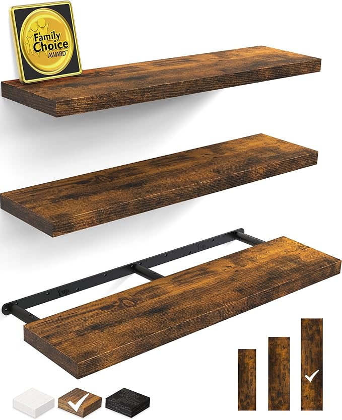BAYKA Floating Shelves for Wall, 36 inches Wall Mounted Rustic Wood Shelves for Bathroom, Bedroom, Living Room, for Storage/Decor with 30lbs Capacity（Rustic Brown,Set of 3-Ruum Studio Home