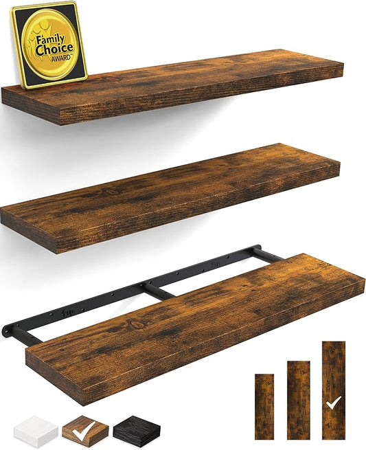 BAYKA Floating Shelves for Wall, 36 inches Wall Mounted Rustic Wood Shelves for Bathroom, Bedroom, Living Room, for Storage/Decor with 30lbs Capacity（Rustic Brown,Set of 3-Ruum Studio Home