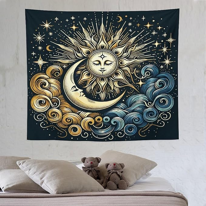 HZOHNAGO Sun Moon Tapestry Boho Golden Stars Pattern Printed Wall Tapestry Wall Hanging for Bedroom Living Room Dorm 60" W x 50" H-Ruum Studio Home