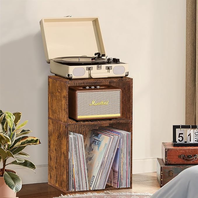 LEYAOYAO 2 Cube Bookshelf,Brown Record Player Stand Holds up to 100 Albums, Mini Wood Book Shelf Storage Organizer,Turntable Stand with Vinyl Storage Cabinet, Narrow Open Bookcase for Small Spaces-Ruum Studio Home
