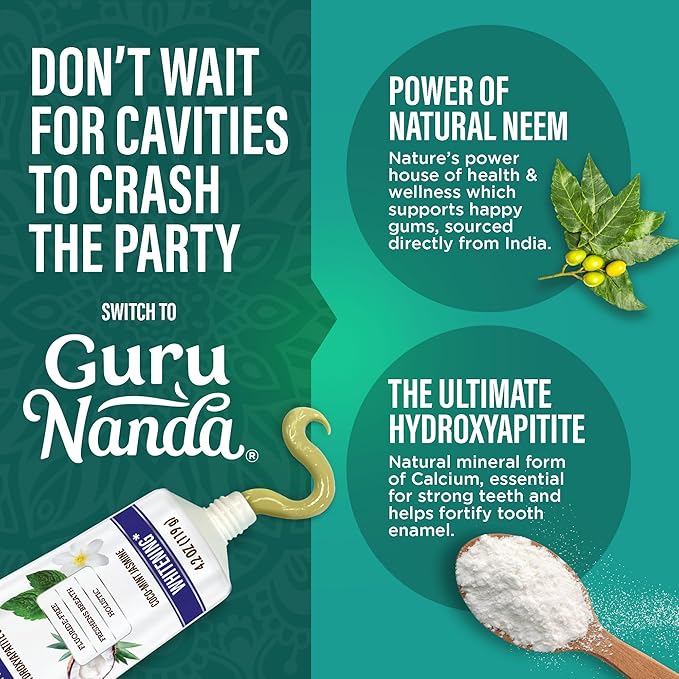 GuruNanda Hydroxyapatite Toothpaste, SLS & Fluoride Free, Whitening Toothpaste - Freshens Breath, Fights Plaque - Natural CocoMint Jasmine Neem, 4.2oz-Ruum Studio Home