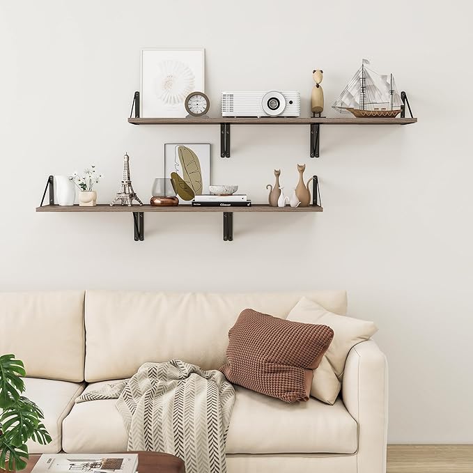 Heimlove Deep Floating Shelves for Wall, 12 Inch Deep Floating Shelves Set of 3, 16W x 12D Wood Wall Shelves, Wide Wood Shelves with Metal Bracket for Living Room, Kitchen, Office, Bedroom - Grey-Ruum Studio Home