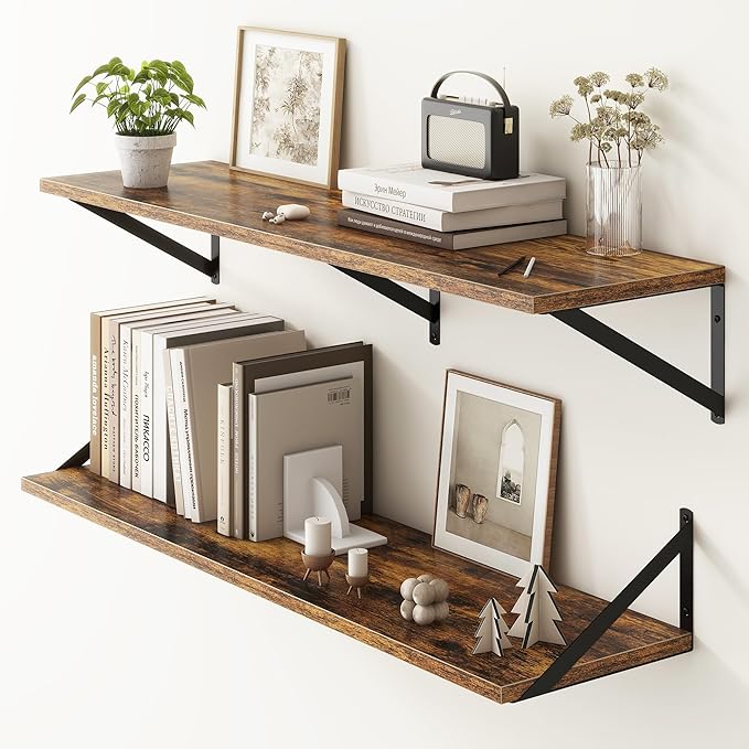 Fun Memories 40 Inch Floating Shelves, 10 Inch Deep Wall Shelf, 40 x 10 Floating Shelf Set of 2, Wood Floating Shelf Wall Mounted, Large Kitchen Living Room Bedroom Storage Shelves, Rustic Brown-Ruum Studio Home