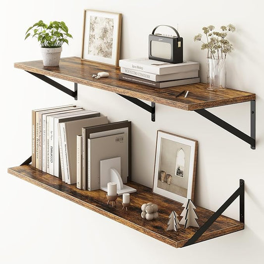 Fun Memories 40 Inch Floating Shelves, 10 Inch Deep Wall Shelf, 40 x 10 Floating Shelf Set of 2, Wood Floating Shelf Wall Mounted, Large Kitchen Living Room Bedroom Storage Shelves, Rustic Brown-Ruum Studio Home