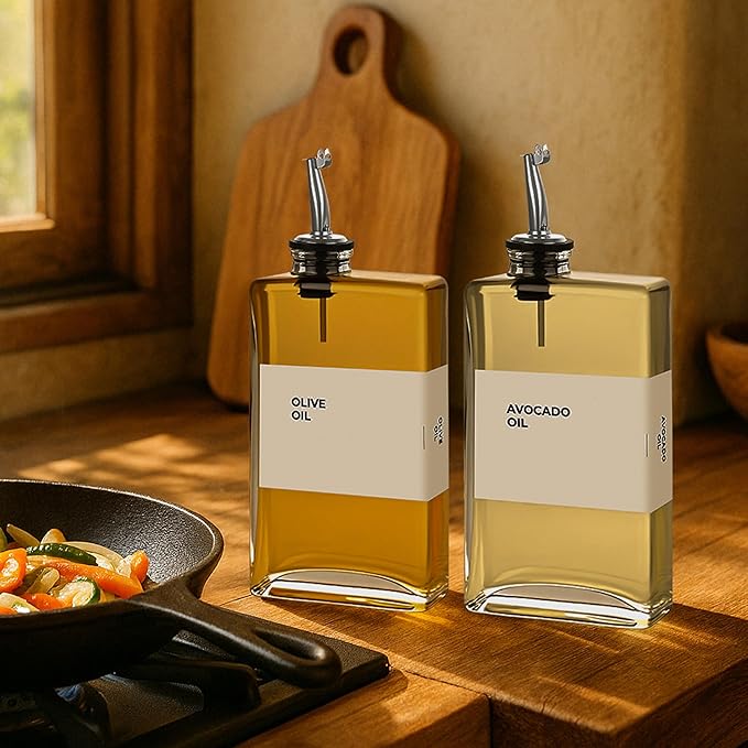 Olive Oil Dispenser Bottle - Includes 44 Kitchen Essential Labels - Cooking Oil Bottles for Kitchen, Coffee Syrup Dispenser - Pourer Spout with 11.8 fl oz Glass Container Cruet - 4pcs Silver