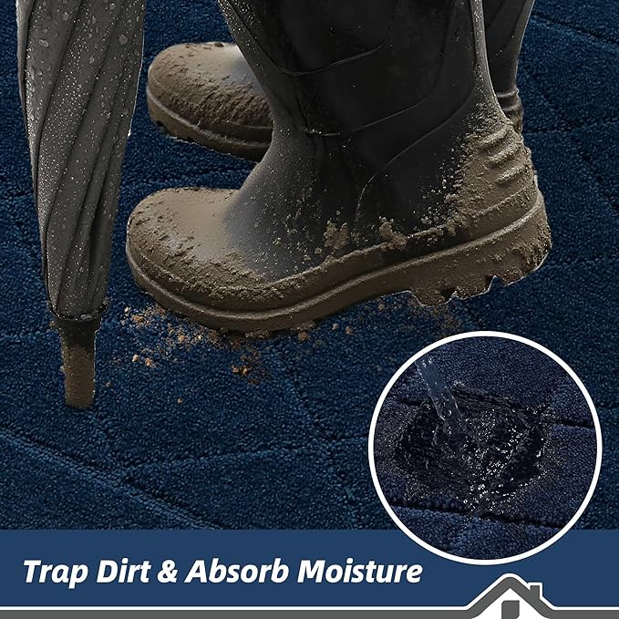 BEQHAUSE Dirt Trapper Door Mat 20" x 32", Doormat Non-Slip Entryway Rugs Washable, Dog Door Mat Stain Resistant and Absorbent Welcome Floor Mat for Front Back Door, Muddy Wet Shoes & Paws, Navy Blue-Ruum Studio Home