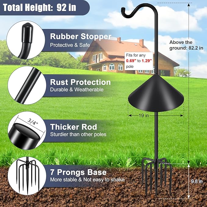 Gtongoko Bird Feeder Pole Squirrel Proof 92 Inch Shepherds Hook for Outdoor with Squirrel Baffles Adjustable Heavy Duty with 7 Prongs Base for Hanging Plants, Bird Feeders, Black-Ruum Studio Home