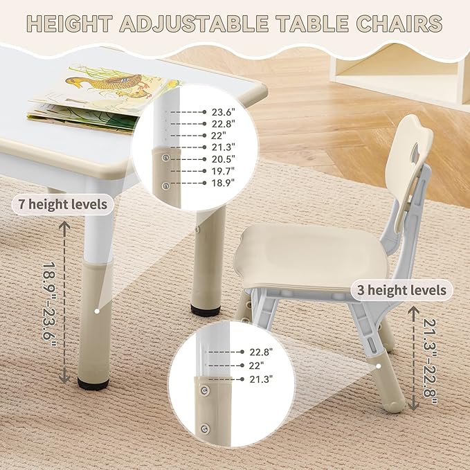 Kids Study Table and Chairs Set, Height Adjustable Toddler Table and Chair Set for Kids Ages 3-8, Graffiti Desktop (Burlywood - 1)-Ruum Studio Home