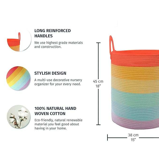 OrganiHaus Tall Rainbow Rope Blanket Basket for Living Room Decor, Cute Woven Baby Laundry Basket, Baby Nursery Hampers for Toys, Kids Laundry Hamper for Dirty Clothes, Decor for Kids Classroom-Ruum Studio Home