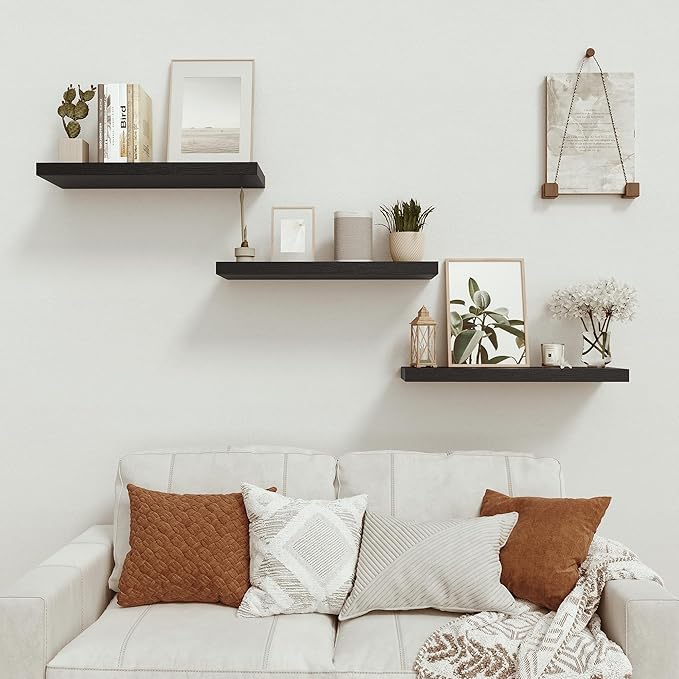 Black Floating Shelves for Wall Mounted, 24 inchs x 9.1” Deep x 1.5” Thick Wall Shelves for Bedroom, Living Room, Bathroom，Kitchen, Office, Home Decor Shelf with Invisible Bracket - Set of 2-Ruum Studio Home
