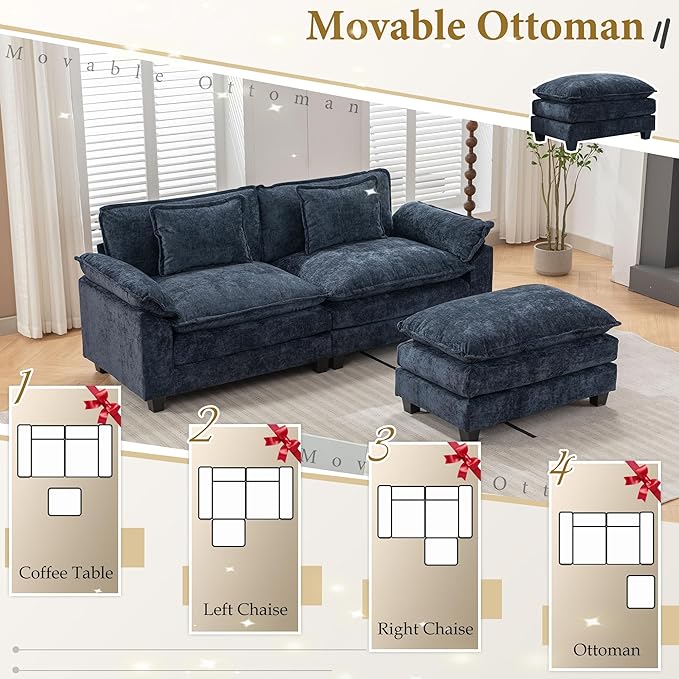 URRED Modular Sectional Sofa Comfy Cloud Couch, Modern Chenille Sofa Sleeper Deep Seat Couches with Ottoman/Pillows for Living Room (Blue, 82.6''- L Shape)-Ruum Studio Home