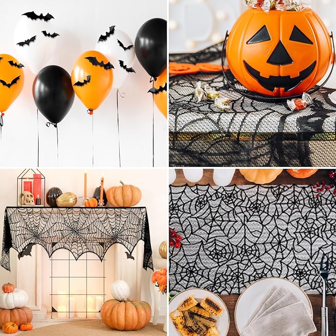 ZeeDix 39 Pcs Halloween Decorations Kit Black Lace Spiderweb Round Tablecloth Table Runner, Giant Spider Cobweb Fireplace Scarf with 36PCS Scary 3D Bats Wall Stickers for Halloween Party Decor-Ruum Studio Home