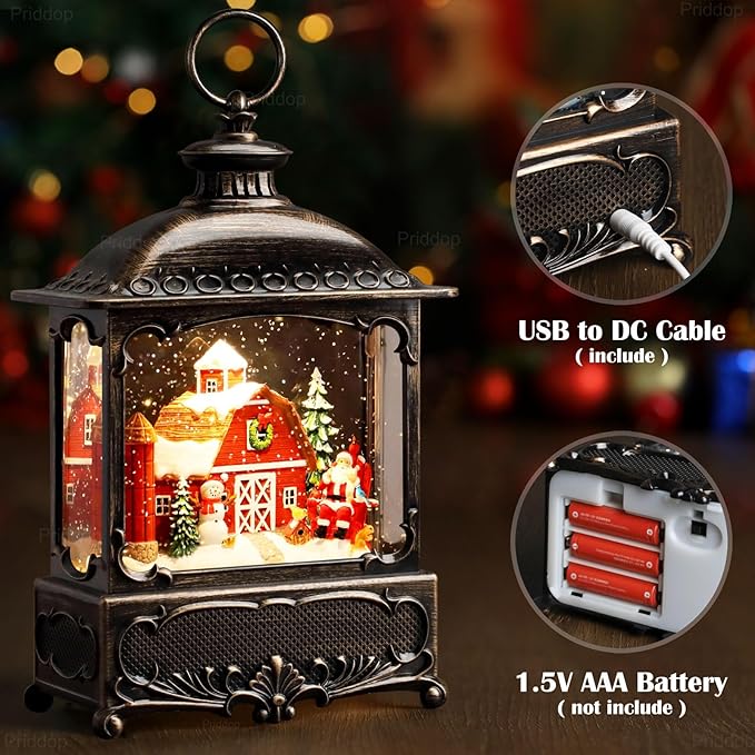 Christmas Snow Globe Lantern Christmas Decorations Gifts Barn Snowman Santa Claus Cardinal Winter Farm Scene Musical Glitter Snowfall USB/Battery Timer 12 inch-Ruum Studio Home
