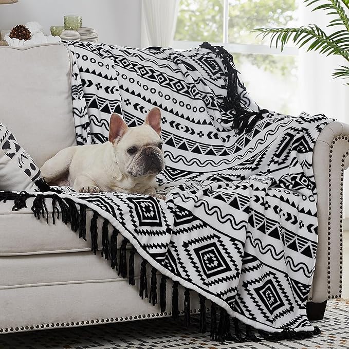 CASAAGUSTO Boho Throw Blanket - Black and White Decorative Blankets with Tassel, Printed Flannel Bohemian Blanket for Chair, Bed, Sofa, Couch(50 * 60, Black and White)-Ruum Studio Home