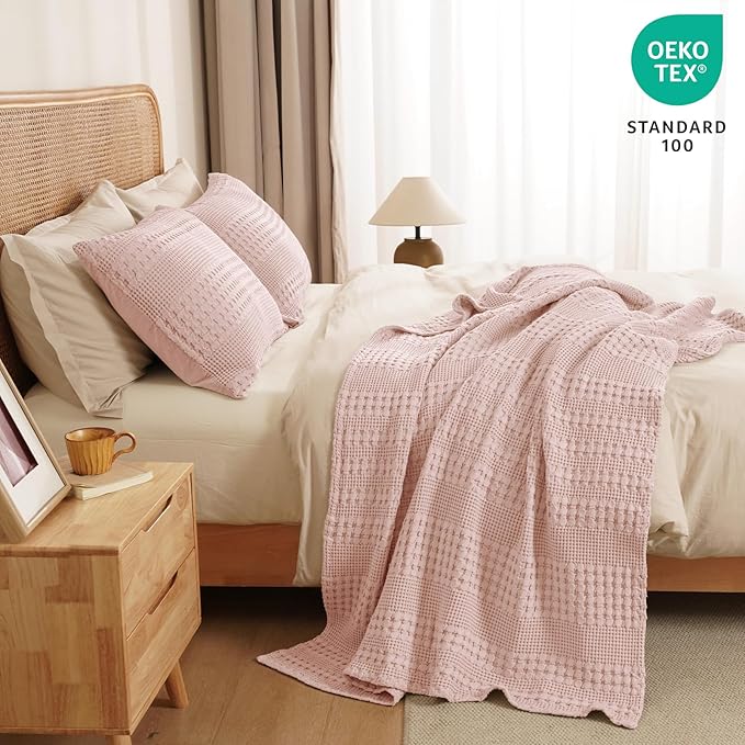 PHF 100% Cotton Waffle Weave Throw Blanket, Soft Lightweight Breathable Cozy Summer Throws for Couch Bed Sofa, Luxury Aesthetic Woven Blanket for Home Decor & Office, 50"x60", Pink/Mauve-Ruum Studio Home