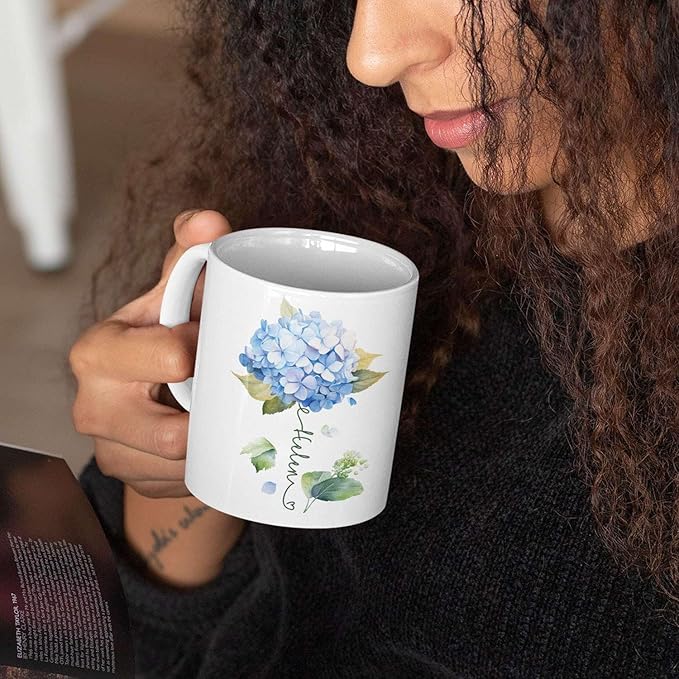 Custom Hydrangea Blossom Design Mug, Personalized Name Blue Flower Coffee Cup, Customized Flower Ceramic Mug For Floral Lover, Hydrangea Decorative Cup 11oz Or 15oz, Gift For Birthday-Ruum Studio Home