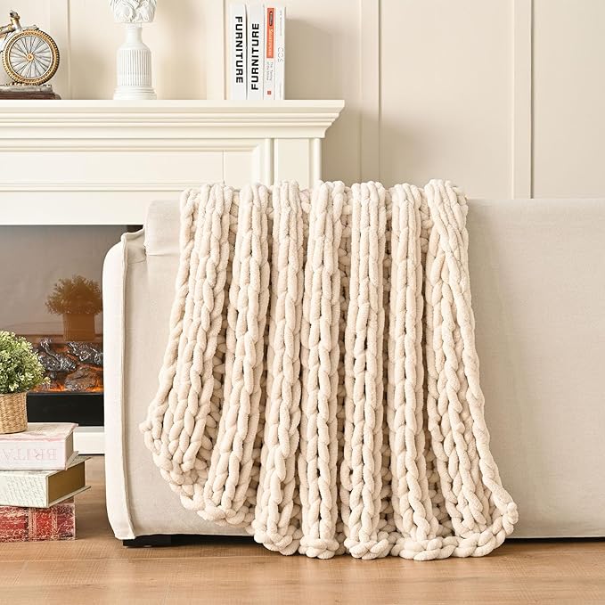 Esterra Chunky Knit Blanket Throw, 100% Handmade Chenille Throw Blanket 40"x50", Soft Thick Yarn Cable Knit Crochet Throw Blanket Rope Knot Throw for Couch Bed Sofa, Apricot White-Ruum Studio Home