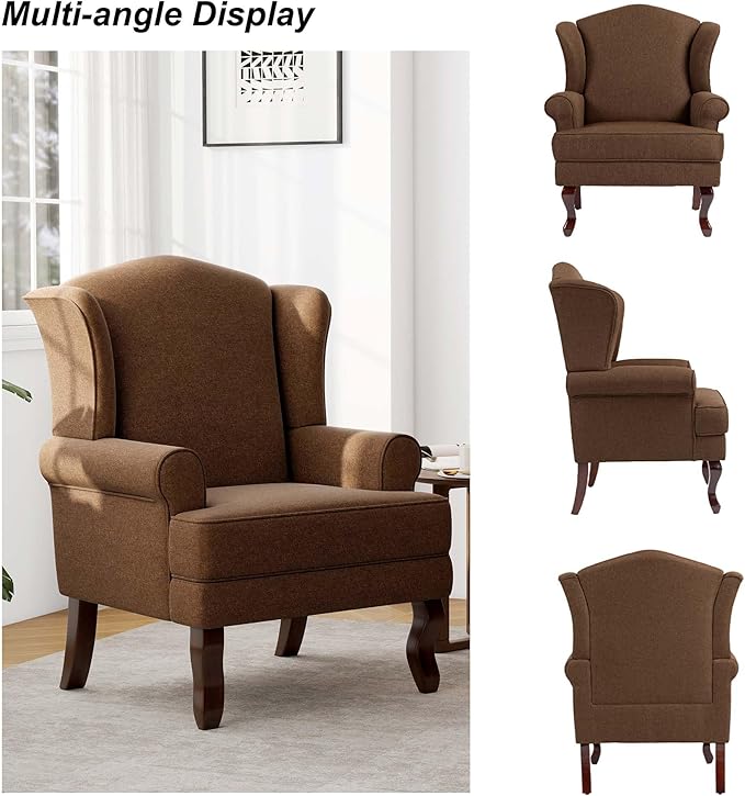 Accent Chair, High Back Upholstered Armchair with High Resilience Sponge & Wood Legs, Mid-Century Modern Comfy Single Sofa Reading Chairs for Living Room, Bedroom (Brown, Set of 2)-Ruum Studio Home