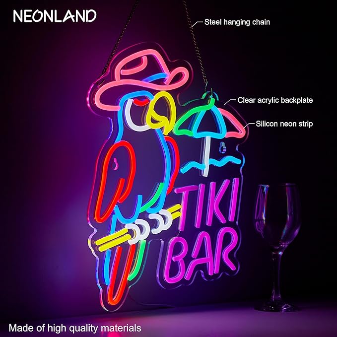 Tiki Bar Parrot Neon Sign for Wall Decor Hawaii Beach Bar LED Light up Signs with Dimmer for Pub Party Man Cave Room Art Decor Gift-Ruum Studio Home