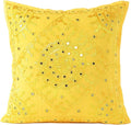 Eyes of India Embroidered Decorative Boho Throw Pillow Cover with Mirrors, Handmade Bohemian Accent Cushion Case for Sofa Couch Bedroom Living Room (Yellow, 24" x 24")-Ruum Studio Home