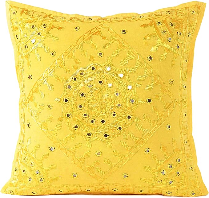 Eyes of India Embroidered Decorative Boho Throw Pillow Cover with Mirrors, Handmade Bohemian Accent Cushion Case for Sofa Couch Bedroom Living Room (Yellow, 24" x 24")-Ruum Studio Home