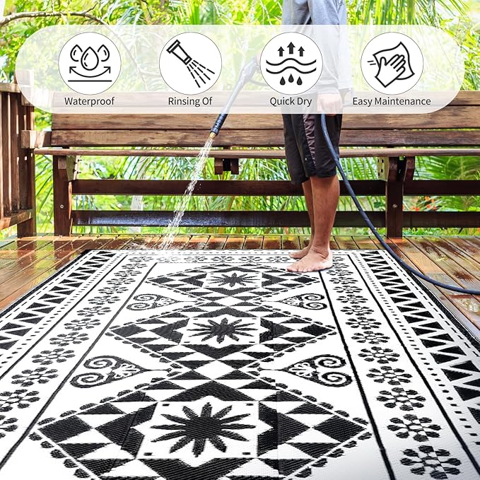 Waterproof Outdoor Rug 8x10ft, Reversible Plastic Straw Mat Rugs for Patio RV Deck Porch Backyard Balcony Camping Picnic Beach Indoor Outdoor Carpet, Black&White-Ruum Studio Home