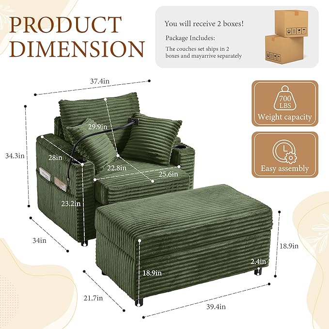Accent Chair with Storage Ottoman Upholstered Living Room Chairs for Reading Chair with Chaise Lounge Chairs Indoor, Comfortable Armchair for Bedroom-Ruum Studio Home