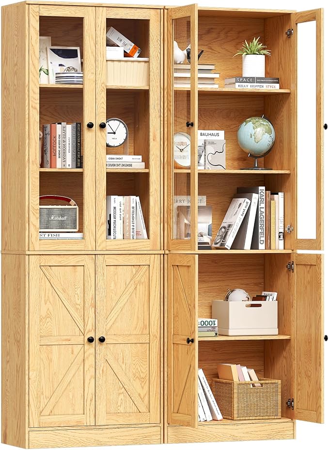 71" Tall Bookcases Set of 2, Bookshelves with Doors, 5-Shelf Bookcase with Storage, Wooden Bookshelf Floor Standing Display Storage Shelves Home Decor Furniture for Living Room,Bedroom,Natural-Ruum Studio Home