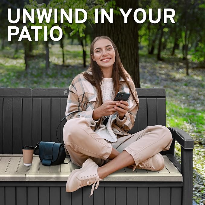 EconoHome 3 Seat Outdoor Storage Bench - 90 Gallon Capacity - Weatherproof Resin Bench for Patio, Porch, Garden, Yard, Pool Area - Furniture for Pool Accessories, Gardening Tools, Toys-Ruum Studio Home