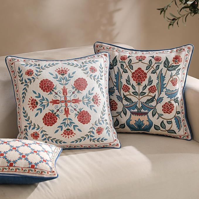 patdrea Designer Throw Pillow Covers Set of 4,Brilliant Vintage Red Tropical Linen with Floral Pattern Pillow Cover,Decorative Lumbar and Square Pillowcases Cushion for Bed Living Room Outdoor-Ruum Studio Home