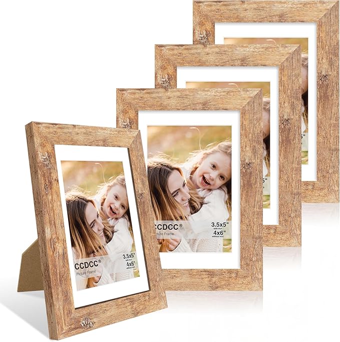 4x6 Picture Frame Set of 4, 4 x 6 Wood Photo Frames with Mat for 3.5x5, Natural Wooden Frame with Real Glass Cover for Wall and Tabletop Display,Brown-Ruum Studio Home