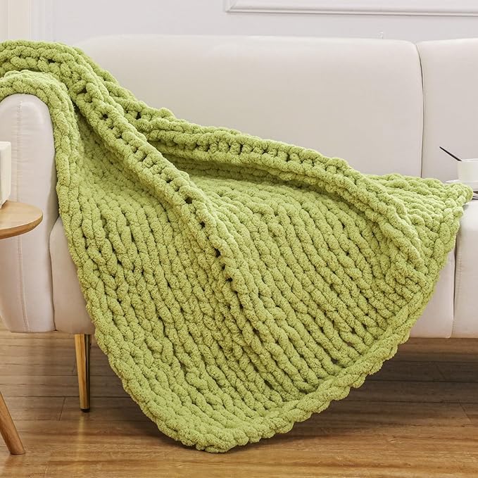 WESHIONGOO Chunky Knit Blanket Throw Knitted Throw Blankets for Couch Bed Fluffy Soft Blanket with Jumbo Chenille Yarn Thick 100% Handmade (Lime Green, 40"×40")-Ruum Studio Home