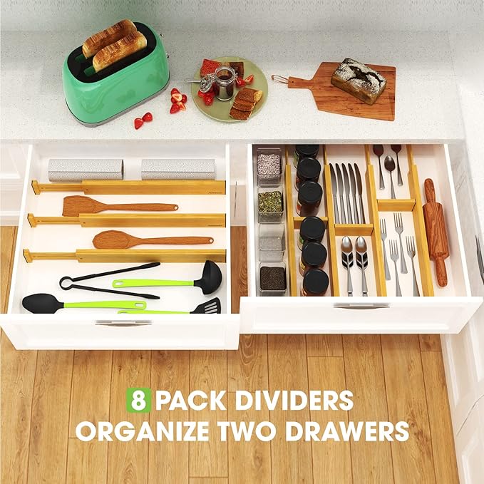 ANTOWIN Bamboo Drawer Dividers Organizers 16pcs, Expandable Drawer Separators Splitter, 17-22 inches Long Adjustable Spring-loaded Organizer for Large Utensil, Clothes, Tools Drawers (8+8)-Ruum Studio Home