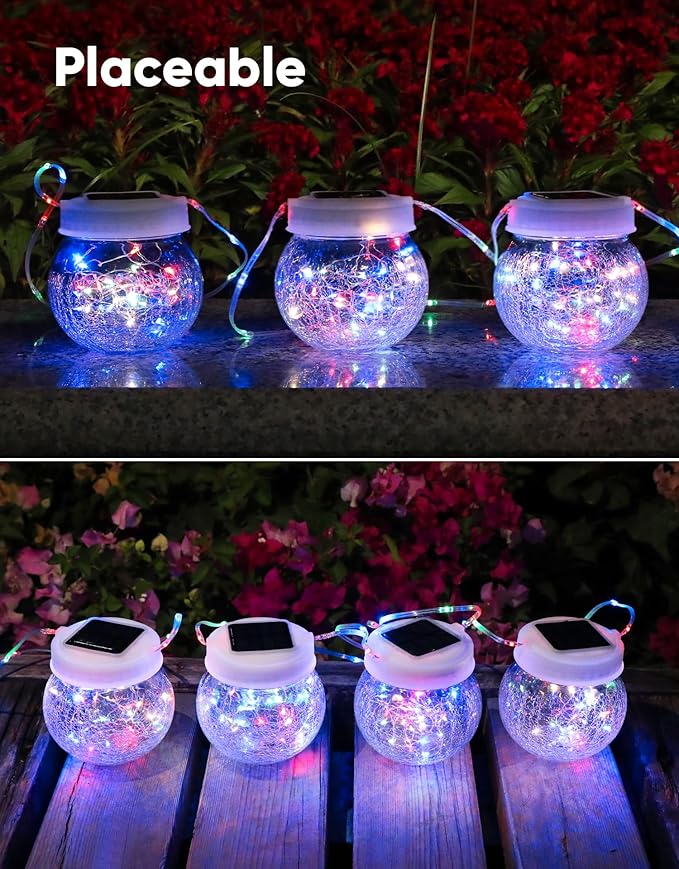 Solar Lantern Solar Lights Outdoor Waterproof 6-Pack, Solar Powered Hanging Lights Cracked Glass Hanging Globes for Christmas Decoration, Shepherd Hook, Garden Tree Ornaments,White Cap, Multi-Color-Ruum Studio Home