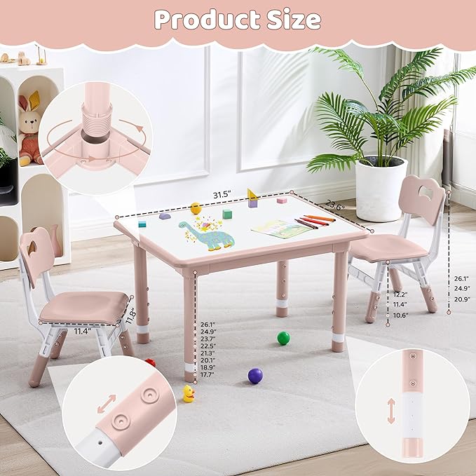Kids Table and 2 Chairs Set, Height Adjustable (17.7"-26.1") Toddler Table and Chair Set, Multi-Activity Table with Graffiti Desktop, Children’s Table and Chairs for Classroom, Home & Daycare-Ruum Studio Home