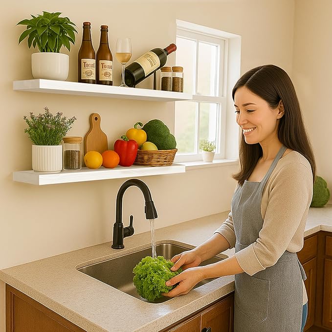 BGMG Floating Shelves for Wall 48 inch Long,Rustic Solid Wooden Deep Wall Shelves for Bathroom Living Room Bedroom Kitchen Farmhouse Set of 2-48x6.7x1.25 inch- White-Ruum Studio Home