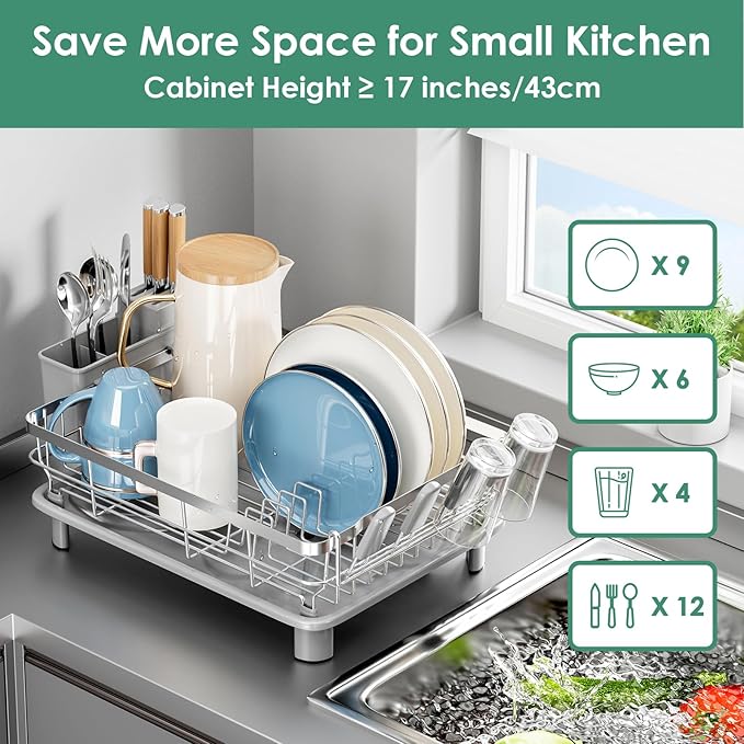 MOUKABAL Dish Drying Rack - Stainless Steel Dish Rack, Dish Racks for Kitchen Counter, Drying Rack Kitchen with Removable Utensil Holder, Drainboard and Glass Organizer (Grey)-Ruum Studio Home