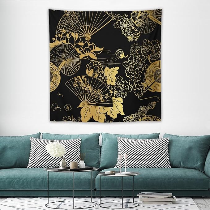 HZOHNAGO Japanese Tapestry Gold Flowers Umbrella Fan Pattern Printed Wall Tapestry Painting Wall Hanging for Bedroom Living Room Dorm 60" W x 60" H-Ruum Studio Home