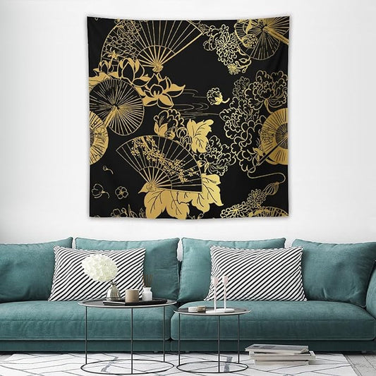 HZOHNAGO Japanese Tapestry Gold Flowers Umbrella Fan Pattern Printed Wall Tapestry Painting Wall Hanging for Bedroom Living Room Dorm 60" W x 60" H-Ruum Studio Home