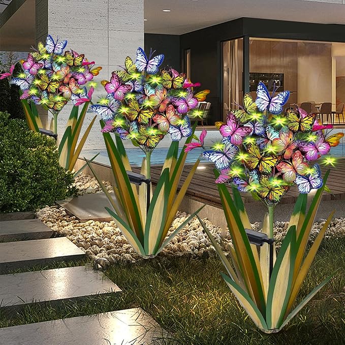 Solar Metal Agave Butterfly Flower Stick Garden Sculpture - Outdoor Gift, Christmas Lights, Swaying Butterfly, Sunflower - Solar Outdoor Statues (3 PCS Light Green)-Ruum Studio Home