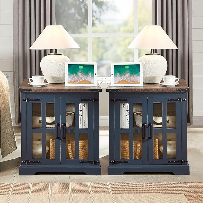 Farmhouse End Table with Charging Station,24" Large Side Table with Glass Barn Door, Rustic Wood Nightstand Bedside Table with Adjustable Storage Shelf for Living Room, Bedroom, Blue,2 Pack-Ruum Studio Home