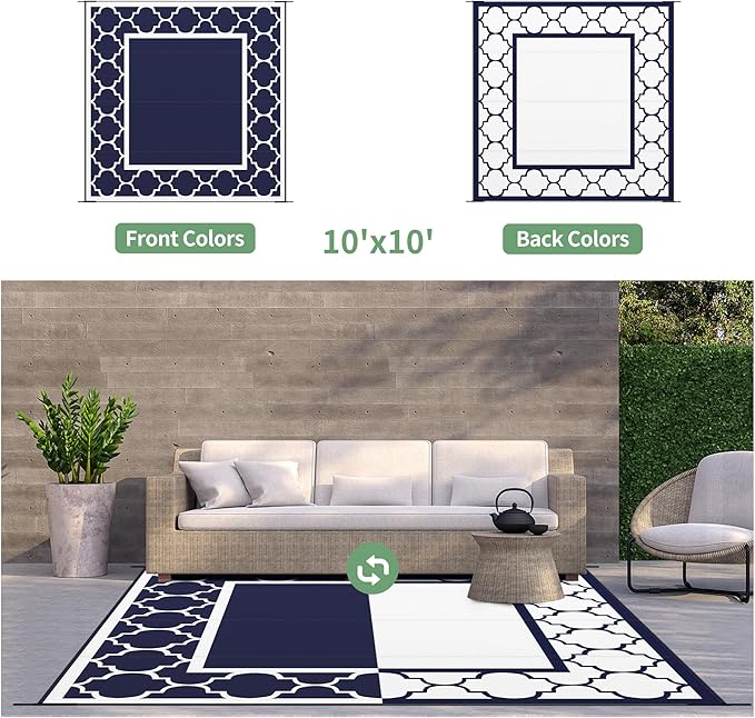 GENIMO 10 ' x 10 ' Outdoor Rug Waterproof for Patio Decor, Foldable Reversible Plastic Straw Area Rugs Mat for Camper, Outside Carpet for Rv, Deck, Porch, Picnic, Beach, Balcony, Blue & White-Ruum Studio Home