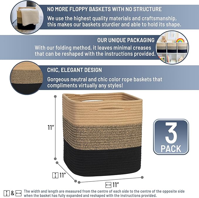 NaturalCozy Storage Cubes 11 Inch Cotton Rope Woven Baskets for Organizing, 3-Pack | Cube Storage Bin | Square Storage Baskets for Shelves Organizer, Classroom, Kids Toy Bins, Closet, Baby Nursery-Ruum Studio Home