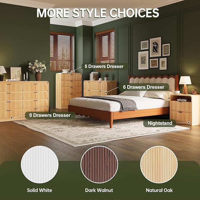 FURSUN 24" Fluted Nightstand Set of 2 with Charging Station, Wooden End Table with 2 Drawers Storage, Curved Profile Design, Modern Bedside Cabinet for Bedroom Living Room, Natural Oak-Ruum Studio Home