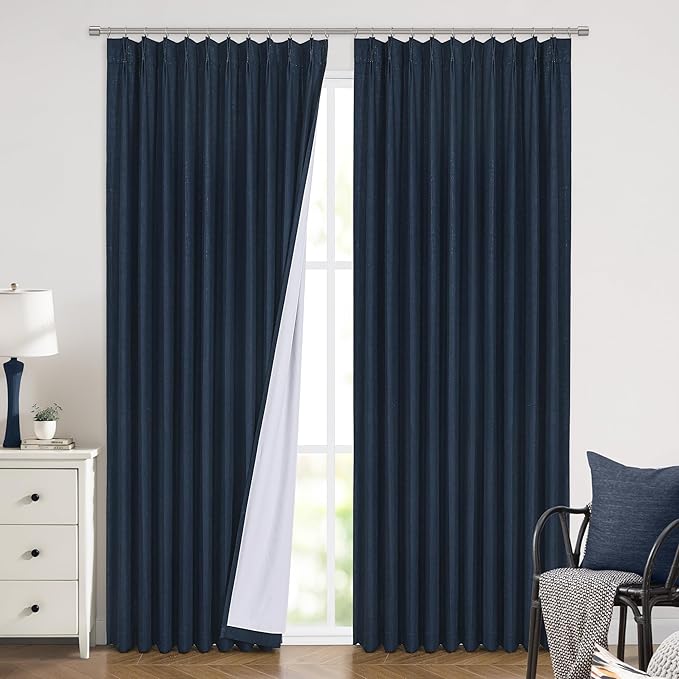 Vision Home Navy Blue Pinch Pleated Full Blackout Curtains Linen Blended Room Darkening Window Curtains 120 inch for Living Room Bedroom Thermal Insulated Pinch Pleat Drapes with Hooks 60" Wx120 Lx1-Ruum Studio Home