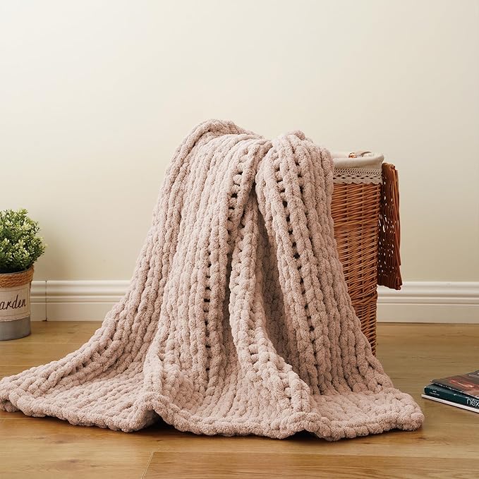 Battilo Chunky Knit Throw Blanket, Soft and Thick Chenille Throw Blanket, 50"x60" Handmade Cable Knit Crochet Blanket, Large Rope Knot Throw Blankets for Couch Sofa Bed Home Decor, Pink-Ruum Studio Home