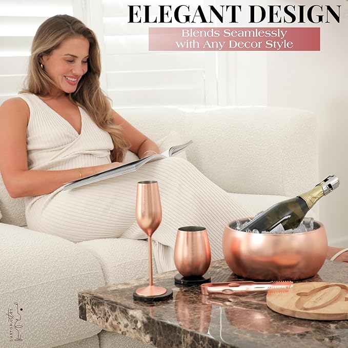 Gusto Nostro 4.1L Insulated Ice Bucket with Lid and Tongs, Double Wall Stainless Steel Ice Bucket Large, BPA Free Ice Bucket for Cocktail Bar, Keeps Champagne, Wine, Beer Chill for Parties (Rose)-Ruum Studio Home
