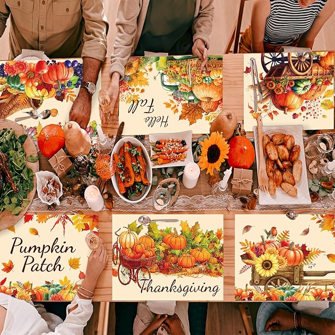 Thanksgiving Placemats Set of 6 Fall Plastic Table Mats Thanksgiving Day Place Mat Autumn Harvest Place Mats Washable Rustic Pumpkins Table Decoration for Indoor Outdoor Party Kitchen Dining-Ruum Studio Home